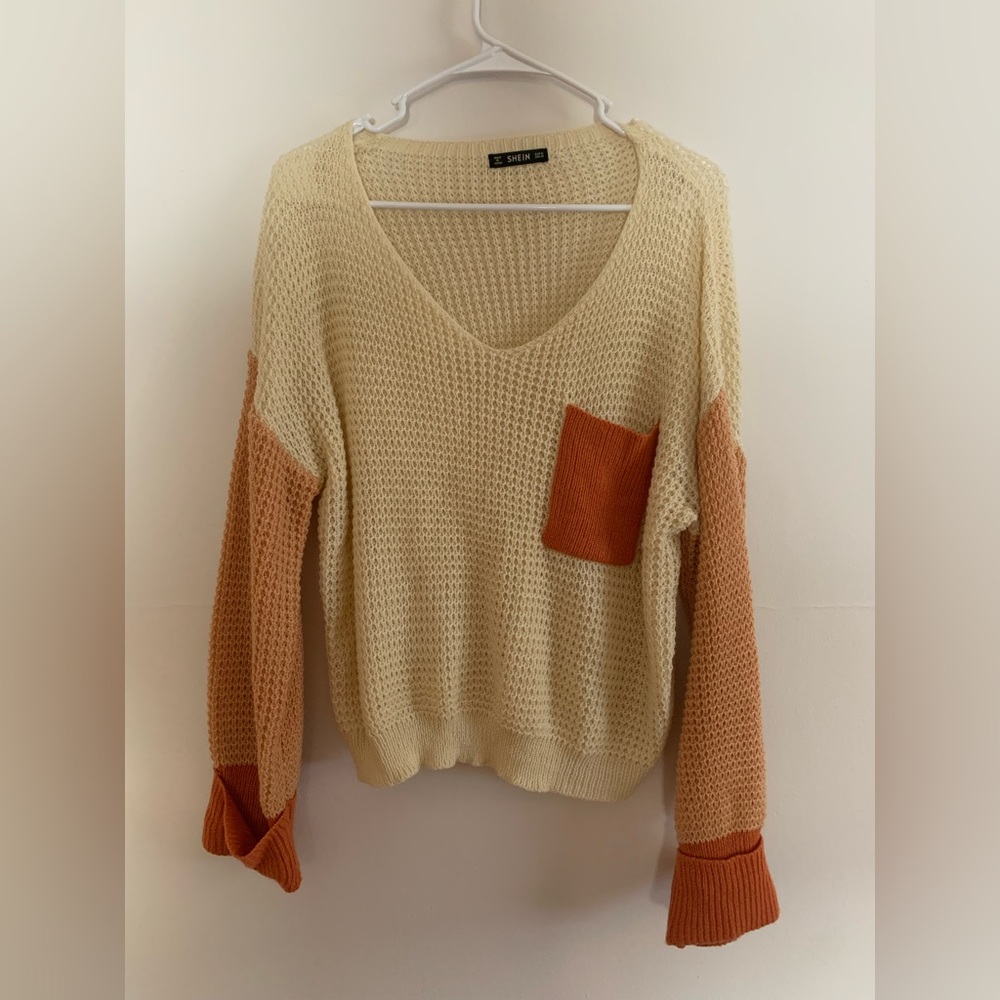 Cream and orange color block sweater